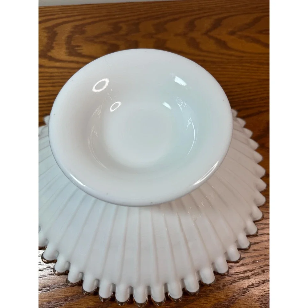 Vintage  Fenton Silver Crest Milk Glass Bowl with Ruffled Clear Edge 5823 SC 11
